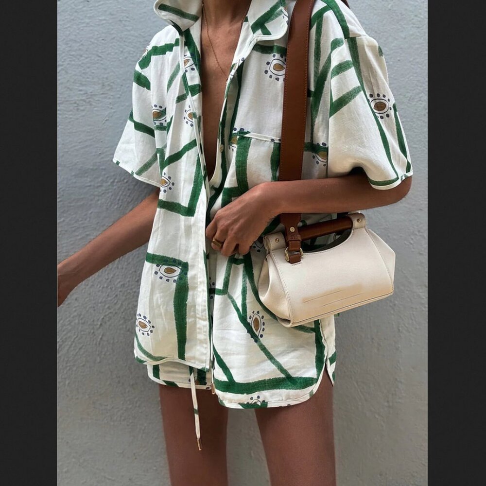Commense XL White Green Drawstring Shorts And Button Up Shirt Set Va…